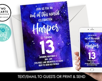 May include: A galaxy-themed birthday invitation for a 13th birthday party. The invitation features a watercolor background with purple, blue, and white colors. The text on the invitation reads "Join us for an out of this world celebration Harper is turning 13".