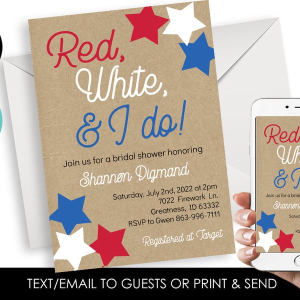 Editable Red White I Do Bridal Shower Invite Invitation 4th of July Patriotic Memorial Day USA America Bride Party