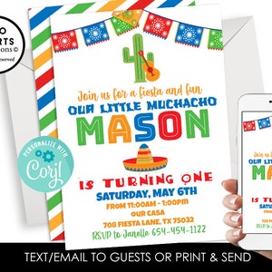 May include: A colorful invitation for a fiesta themed birthday party for a boy named Mason. The invitation features a sombrero, a cactus, and a guitar. The text on the invitation reads "Join us for a fiesta and fun our little muchacho Mason is turning one Saturday, May 6th from 11:00am - 1:00pm our casa 708 Fiesta Lane, TX 75032 RSVP to Janelle 654-454-1122 Text/email to guests or print & send".