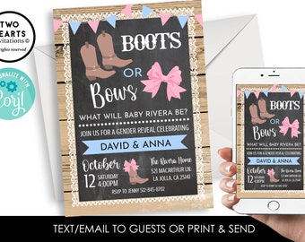 Editable Boots or Bows Gender Reveal Invitation Invite 5x7 Party Digital Chalkboard Rustic Country