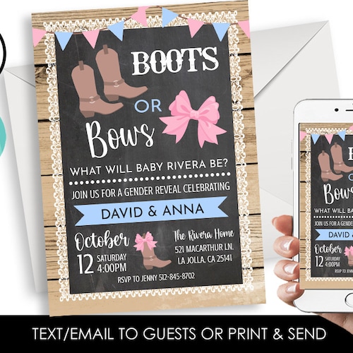 Editable Boots or Bows Gender Reveal Invitations Gender - Etsy