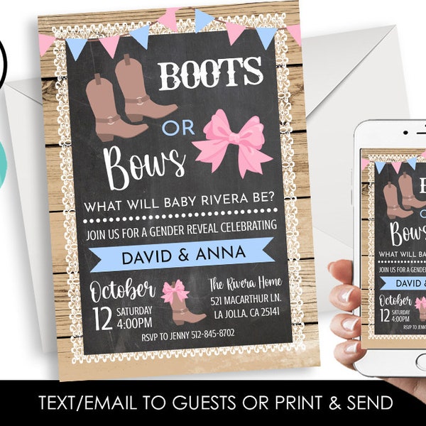 Editable Boots or Bows Gender Reveal Invitation Invite 5x7 Party Digital Chalkboard Rustic Country
