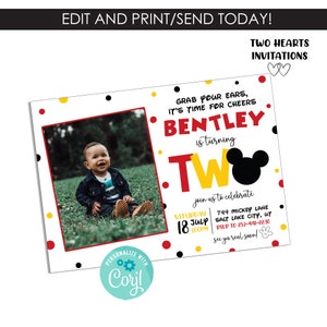 Editable Mickey Mouse 2nd Birthday Photo Invitation Invite Digital 7x5 TWO Kids Party Text Picture Inspired Clubhouse Template