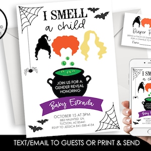 Hocus Gender Reveal Invite Invitation Digital Pocus Halloween Party Shower 5x7 I smell a child