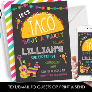 Editable Taco Bout a Party Invitation Invite Digital Birthday ANY AGE Fiesta 5x7 Chalkboard Kids