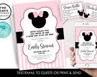 Editable Minnie Mouse Baby Shower Invitation Invite Sprinkle Mouse Inspired Black Pink Girls Set Bundle Polka Dots Digital 5x7 Diaper Raffle