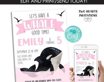 Editable Orca Whale Pink Birthday Invitation Invite Girls Digital 5x7 Instant Download Party