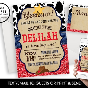 Cowgirl Birthday Invitation Invite Digital Red Cow Bandana Paisley 5x7 Girls Party Country Farm Hoedown