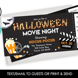 Editable Halloween Movie Ticket Invitation Night Invite Digital 7x3 Corjl Birthday Event Party