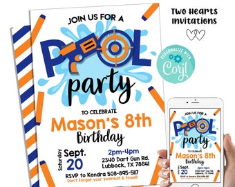 Editable Dart Gun Pool Party Invitation Birthday Invite Party Digital 5x7 Kids Template Instant Download