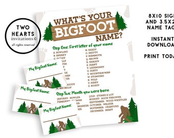 What's Your Bigfoot Name Printable Instant Download Birthday Party  Digital 8x10 Kids Decor Games Game Sasquatch