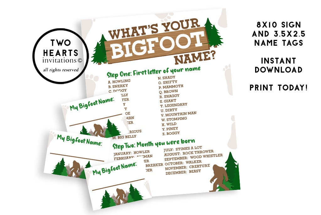 What's Your Bigfoot Name Printable Instant Download Birthday Party  Digital 8x10 Kids Decor Games Game Sasquatch