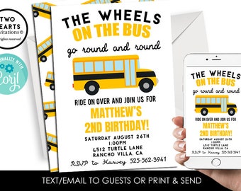 Editable Bus Invite Yellow Wheels on the Bus Invitation School Digital Birthday 5x7 Preschool Themed ANY AGE