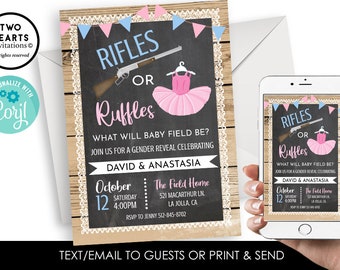 Editable Rifles or Ruffles Gender Reveal Invitation Invite 5x7 Digital Wood Lace Boy Girl Shower Party