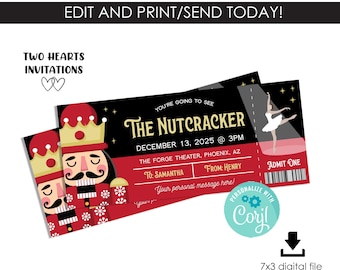Editable Nutcracker Ballet Ticket Digital 7x3 Surprise Gift Idea Theater Play Instant Download Template Christmas Event Holiday Show