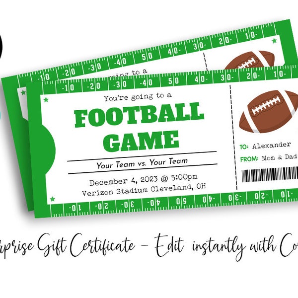 Editable Football Game Surprise Gift Ticket to Football Template for Any Occasion Printable Green Voucher Present Idea