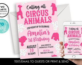 Editable Circus Animal Cookie Invitation Kids Invite Digital 5x7 Pink White Instant Download