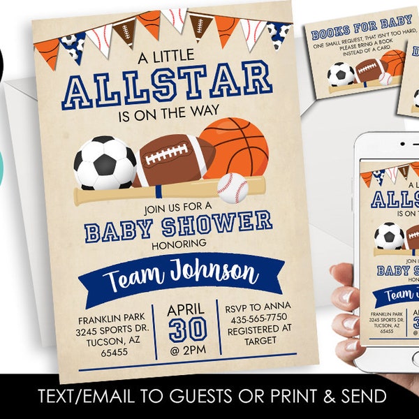 Editable Sports Baby Shower Invitation Allstar Invite Digital 5x7 Bundle Set Sport Sprinkle