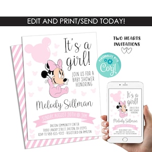 Editable Minnie Mouse Pink Baby Shower Invitation Invite Balloon Digital 5x7 Template Instant Download image 1