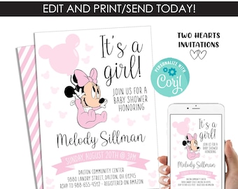 Editable Minnie Mouse Pink Baby Shower Invitation Invite Balloon Digital 5x7 Template Instant Download