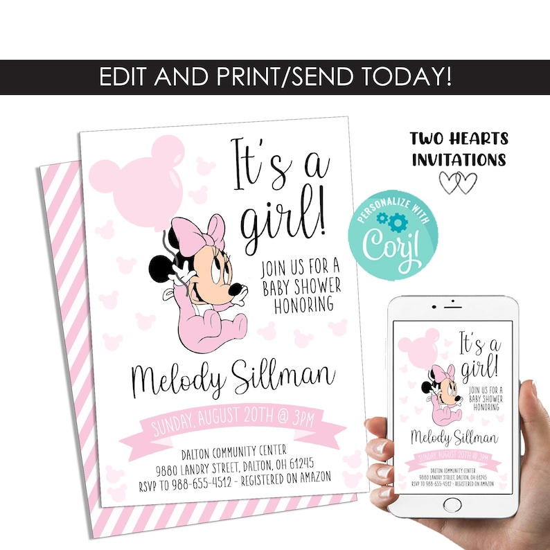 Editable Minnie Mouse Pink Baby Shower Invitation Invite Balloon Digital 5x7 Template Instant Download image 1