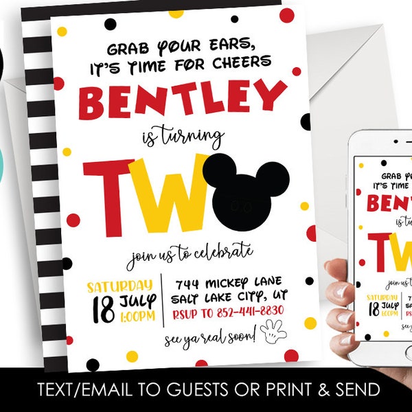 Editable Mickey 2nd Birthday Invitation Invite Digital Mouse Party Second 5x7 Kids Text Red Black Yellow