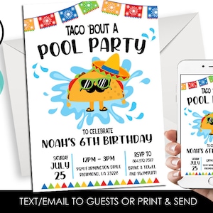 Editable Taco Bout a Pool Party Invitation Invite Fiesta Boys Digital Birthday Kids Splash Cactus ANY AGE Fiesta 5x7