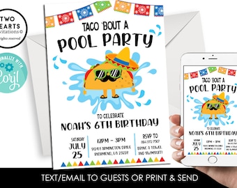 Editable Taco Bout a Pool Party Invitation Invite Fiesta Boys Digital Birthday Kids Splash Cactus ANY AGE Fiesta 5x7
