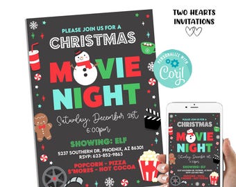 Editable Christmas Movie Night Invitation Template Digital 5x7 Invite Instant Download Holiday Party