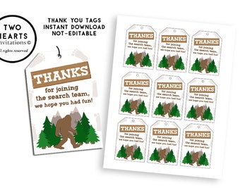 Bigfoot Thank You Tags Printable Instant Download Favor Tag 2x3 Birthday Party Kids