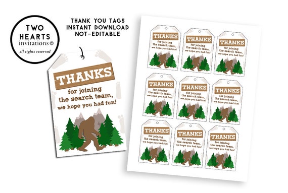 Bigfoot Thank You Tags Printable Instant Download Favor Tag 2x3 Birthday Party Kids