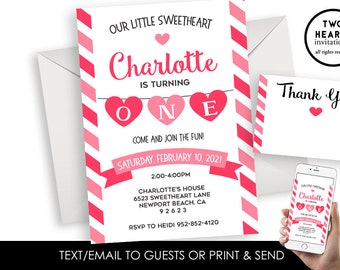 Valentine First Birthday Invitation Inviter 1st Sweetheart Girl Pink Hearts Digital 5x7 Pink Valentines ONE