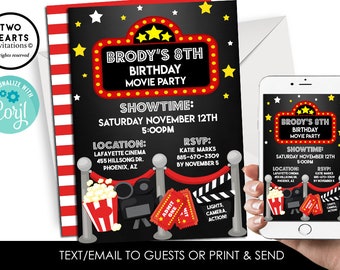 Editable Movie Birthday Invitation Invite Night 5x7 Backyard Theater Outdoors Digital Girls Boys Cinema Kids Party Template