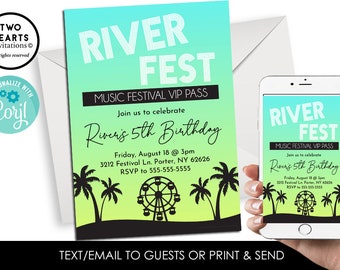 Editable Music Festival Invite Invitation ANY AGE Digital Concert Fest 5x7 Party Birthday Sunset Palm Trees