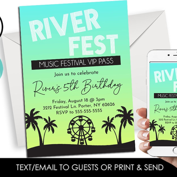 Editable Music Festival Invite Invitation ANY AGE Digital Concert Fest 5x7 Party Birthday Sunset Palm Trees