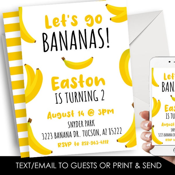 Editable Banana Birthday Invitation Let's go Bananas Invite Digital Corjl Kids Party 5x7