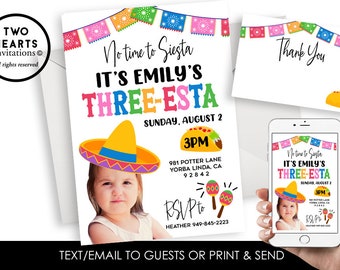 Three-Esta Invitation Invite Digital Photo 3rd Girls Fiesta Taco Birthday Party Three Esta Kids Picture Option