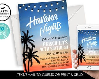 Editable Beach Night Invitation Birthday Invite Digital 5x7 Palm Trees Beach Sunset Night Ocean Tropical