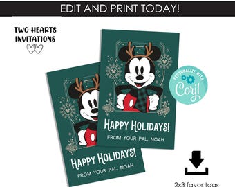 Editable Mickey Mouse Christmas Tag Favor Tags Instant Download Template Green Retro Holiday Kids Thank you Labels 2x3 Digital Disneyland