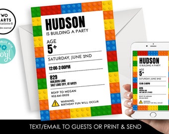 May include: A printable birthday invitation for a child's party. The invitation features a colorful Lego brick border and the text "Hudson is building a party". The invitation includes the child's age, the date and time of the party, the address, and RSVP information.