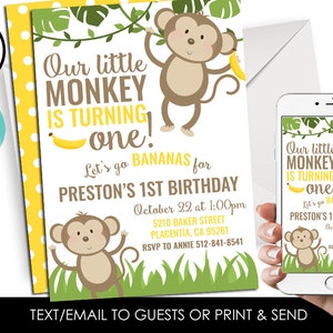 Editable Monkey Invite First Invitation Birthday ANY AGE Digital Little Bananas 5x7 Personalized Party Kids Yellow