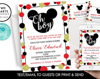 Editable Mickey Mouse Baby Shower Boy Invite Invitation Sprinkle Digital Template 5x7 Gold Red Black