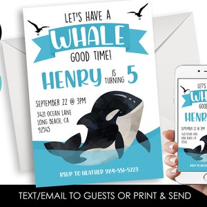 Editable Orca Whale Birthday Invite Invitation Digital 5x7 Corjl Kids Party Ocean Killer Whale Watercolor