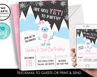 Invitation yéti modifiable Hiver Inviter Digital Kids Bigfoot Girl Pink Christmas Birthday Party Thème 5x7 Abominable