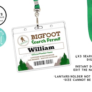 Bigfoot Suche Team Abzeichen Gastgeschenke Digital 4 x 3 Sofortiger Download druckbare bearbeitbare Geburtstag Kinder Bevorzugung Name Mitglied Sasquatch