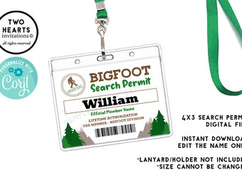 Bigfoot Search Team Badge Party Favors Digital 4x3 Instant Download Printable Editable Birthday Kids Favor Name Member Sasquatch