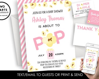 About to Pop Baby Shower Invite Invitation Digital 5x7 Gray Pink Sprinkle Popcorn Girls Bundle Set