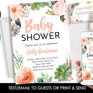 Editable Cactus Baby Shower Invitation Invite Succulents Floral Watercolor Digital 5x7 Sprinkle Boho Corjl