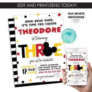 Editable Mickey Mouse 3rd Birthday Invitation Digital Invite Party 5x7 Template THREE Instant Download