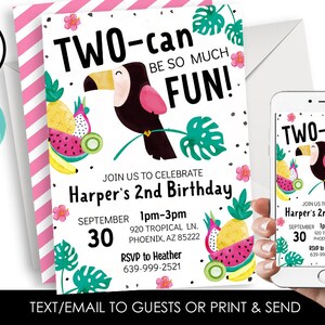 May include: A tropical-themed birthday invitation with a toucan, fruit, and the text "TWO-can be so much FUN!"  Join us to celebrate Harper's 2nd Birthday. September 30, 1pm-3pm, 920 Tropical Ln, Phoenix, AZ 85222. RSVP to Heather, 639-999-2521.